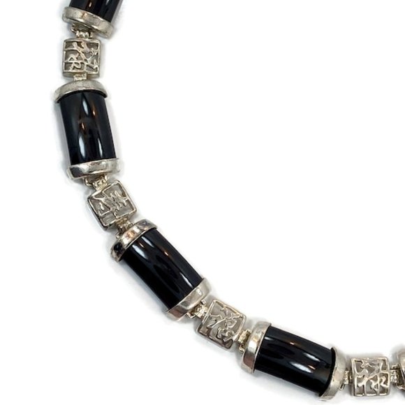 Black Onyx Bracelet, Sterling Bracelet, Asian Characters, Oriental Style,Vintage - Picture 2 of 5